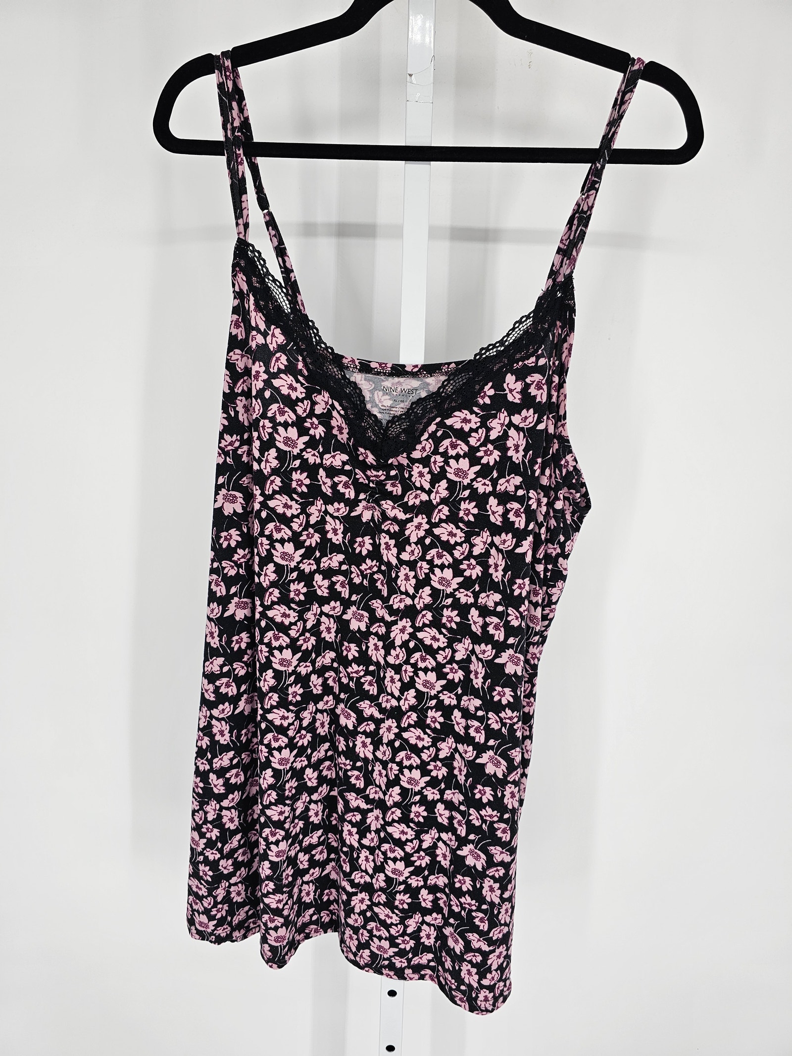 Nine West Womens Sz Xl Nightie Nightgown Black Pink Floral Lace Trim